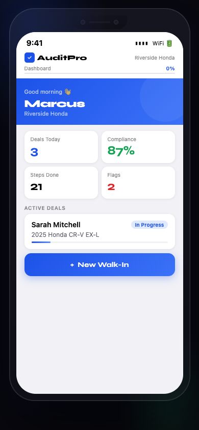 AuditPro mobile app showing active deal audit